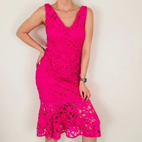 Alexia Admor Floral Lace V-neck Peplum Hem Eyelet Pink Midi Dress - Picture 1 of 14
